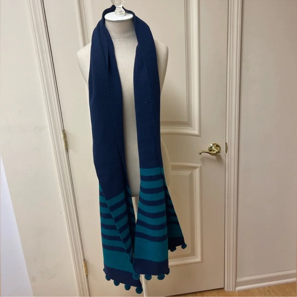 🚨MAKE AN OFFER🚨 J Crew Oversized Blue/Green Striped Wool Scarf with Pom Poms